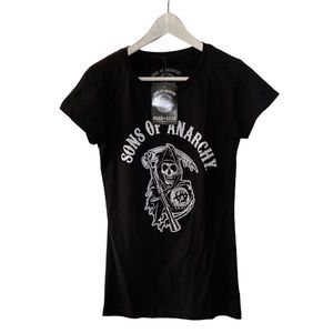 Sons of Anarchy Women’s Biker Fitted Graphic T Shirt Black White Reaper Edgy